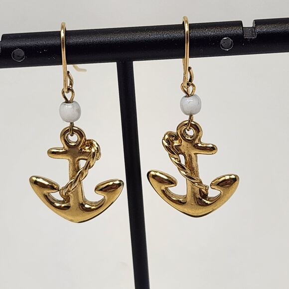 Monet Anchor Dangle Drop Hook Earrings Gold Tone Nautical Cruise Fashion Jewelry - Picture 1 of 5